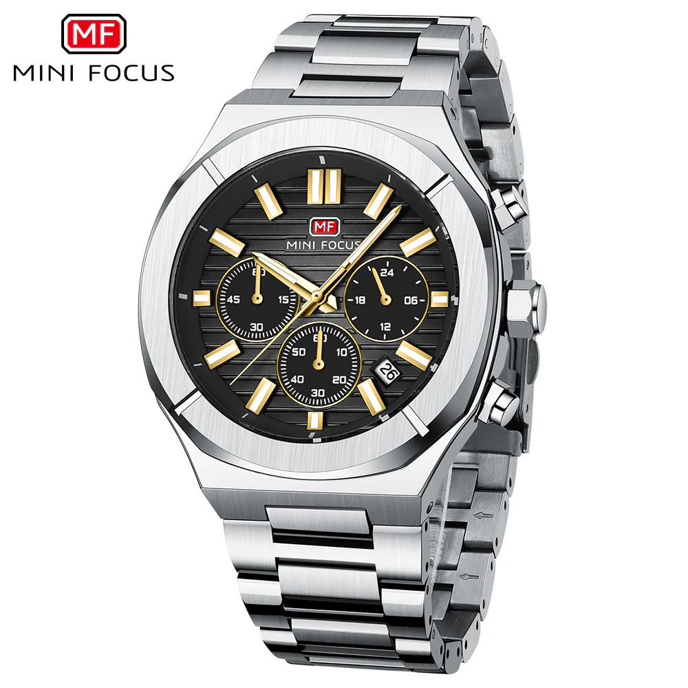 Mini Focus Silver Stainless Steel Black Dial Chronograph Quartz Watch for Gents - MF0612G-04 - Image 2