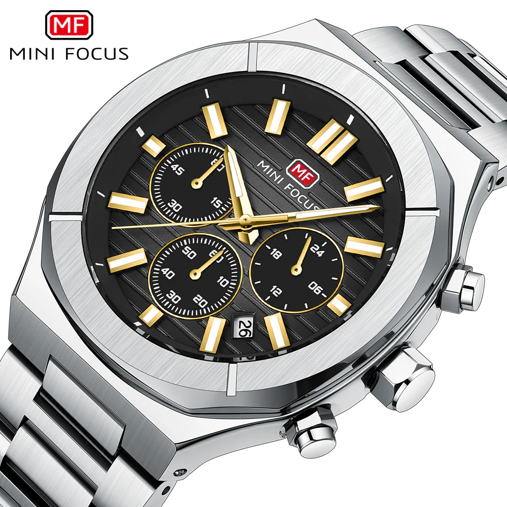 Mini Focus Silver Stainless Steel Black Dial Chronograph Quartz Watch for Gents - MF0612G-04 - Image 3
