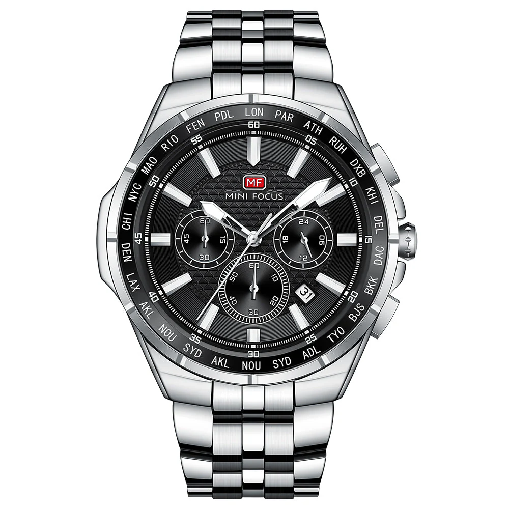 Mini Focus Silver Stainless Steel Black Dial Chronograph Quartz Watch for Gents - MF0613G-01