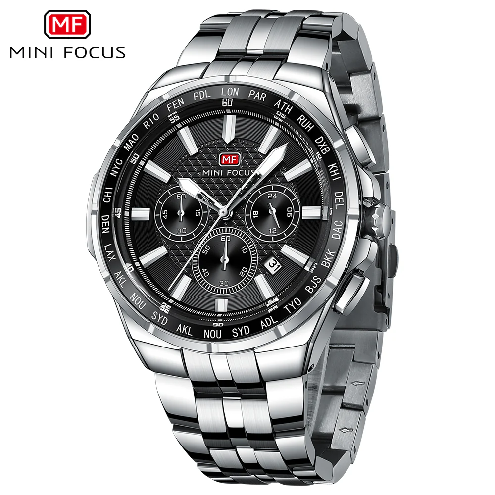 Mini Focus Silver Stainless Steel Black Dial Chronograph Quartz Watch for Gents - MF0613G-01 - Image 2
