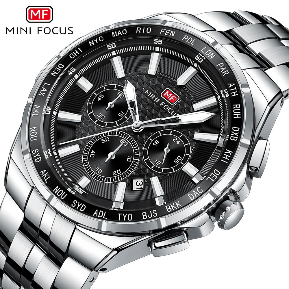 Mini Focus Silver Stainless Steel Black Dial Chronograph Quartz Watch for Gents - MF0613G-01 - Image 3