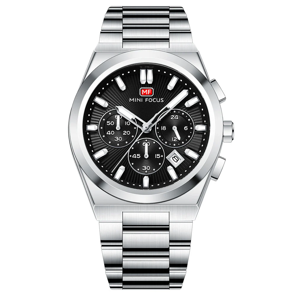 Mini Focus Silver Stainless Steel Black Dial Chronograph Quartz Watch for Gents - MF0614G-01