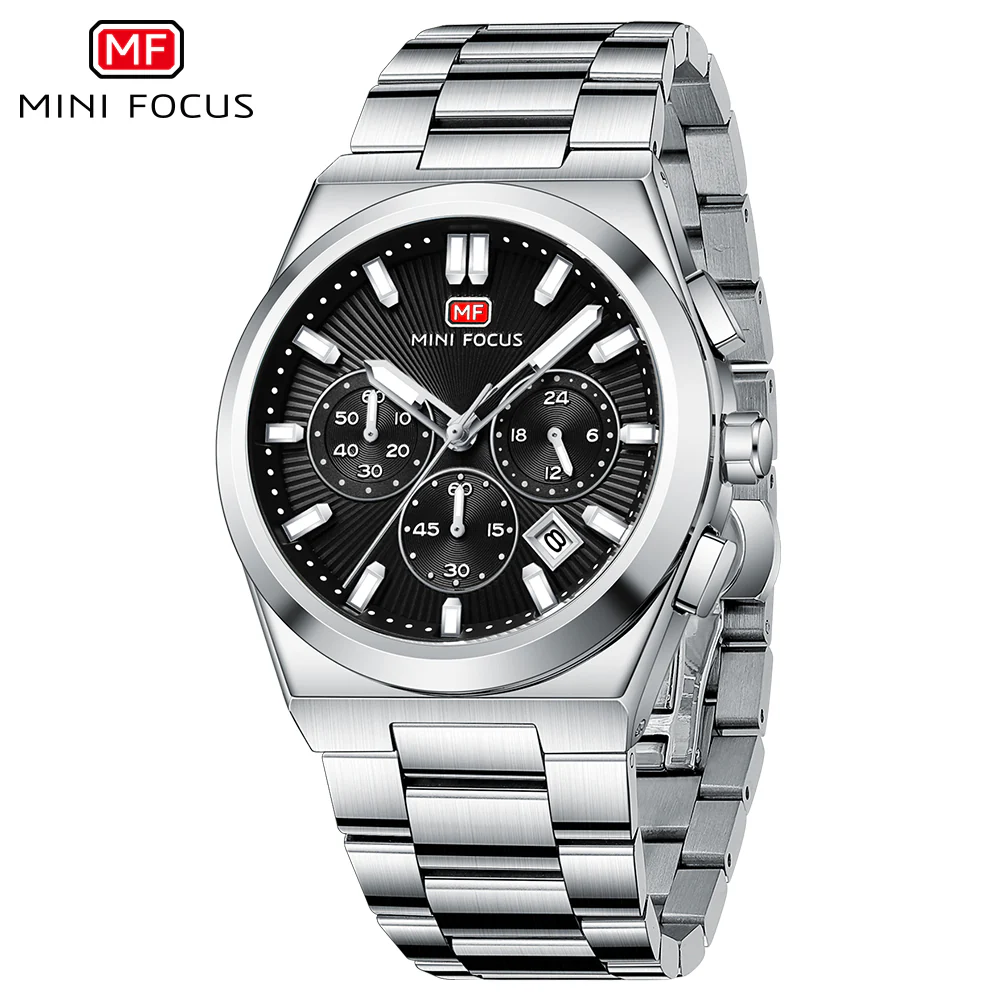 Mini Focus Silver Stainless Steel Black Dial Chronograph Quartz Watch for Gents - MF0614G-01 - Image 2