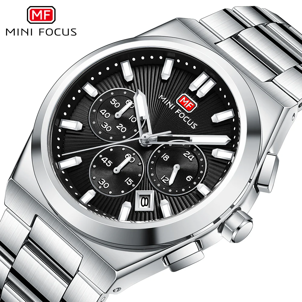 Mini Focus Silver Stainless Steel Black Dial Chronograph Quartz Watch for Gents - MF0614G-01 - Image 3
