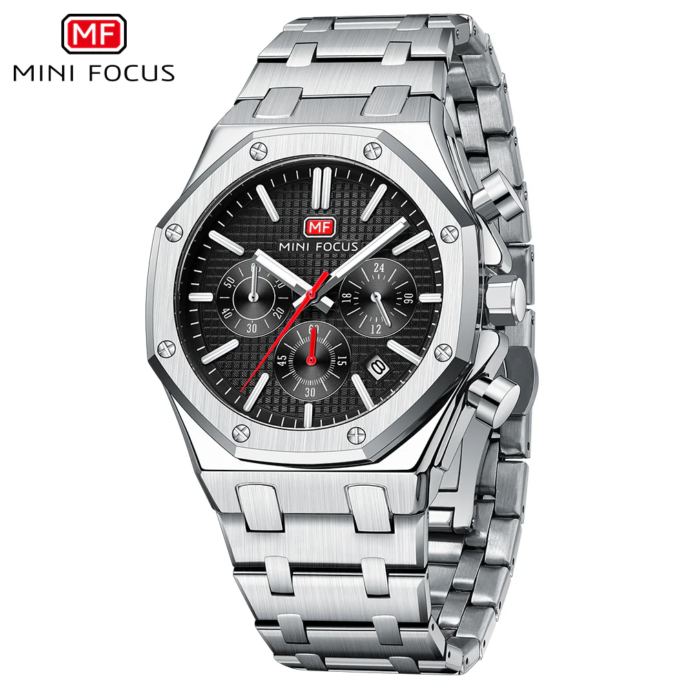 Mini Focus Silver Stainless Steel Black Dial Quartz Watch for Gents - MF0609G-01 - Image 2