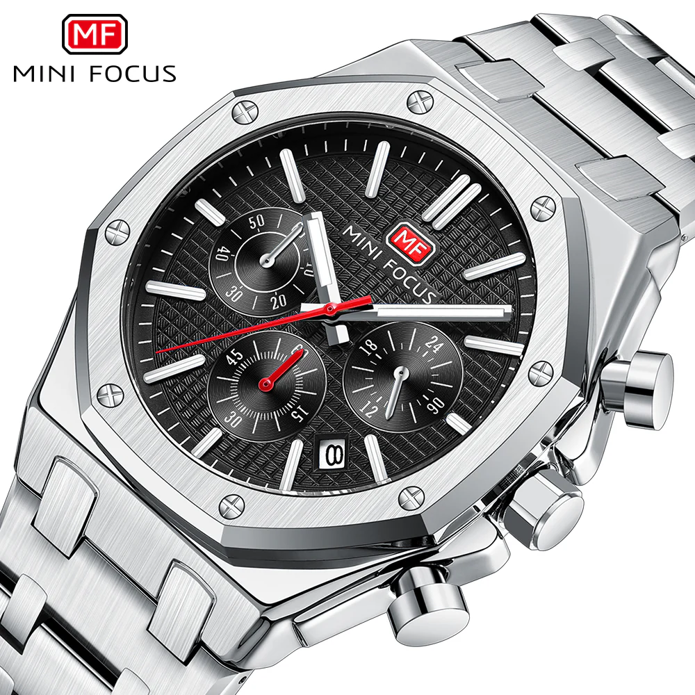 Mini Focus Silver Stainless Steel Black Dial Quartz Watch for Gents - MF0609G-01 - Image 3