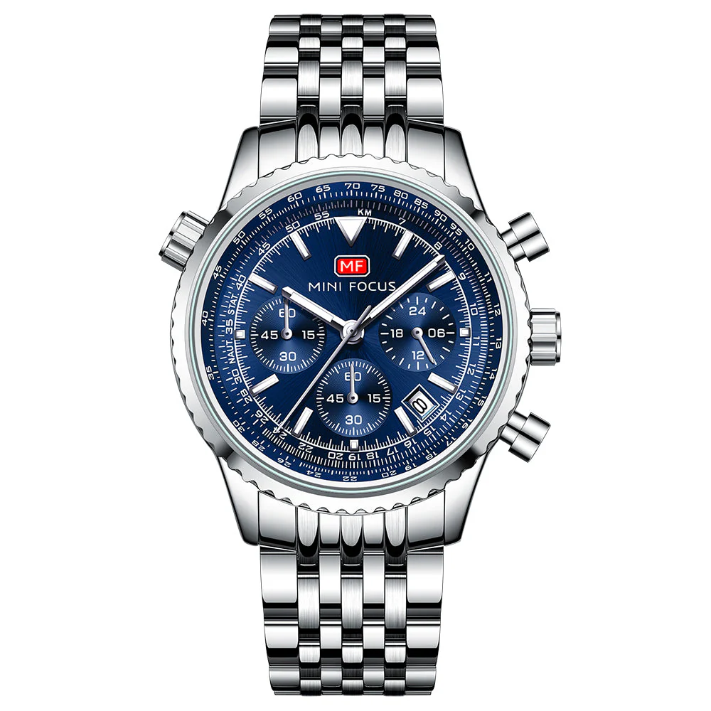 Mini Focus Silver Stainless Steel Blue Dial Chronograh Quartz Watch for Gents - MF0463G-03