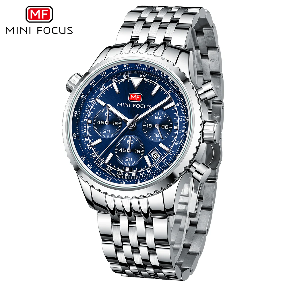 Mini Focus Silver Stainless Steel Blue Dial Chronograh Quartz Watch for Gents - MF0463G-03 - Image 2