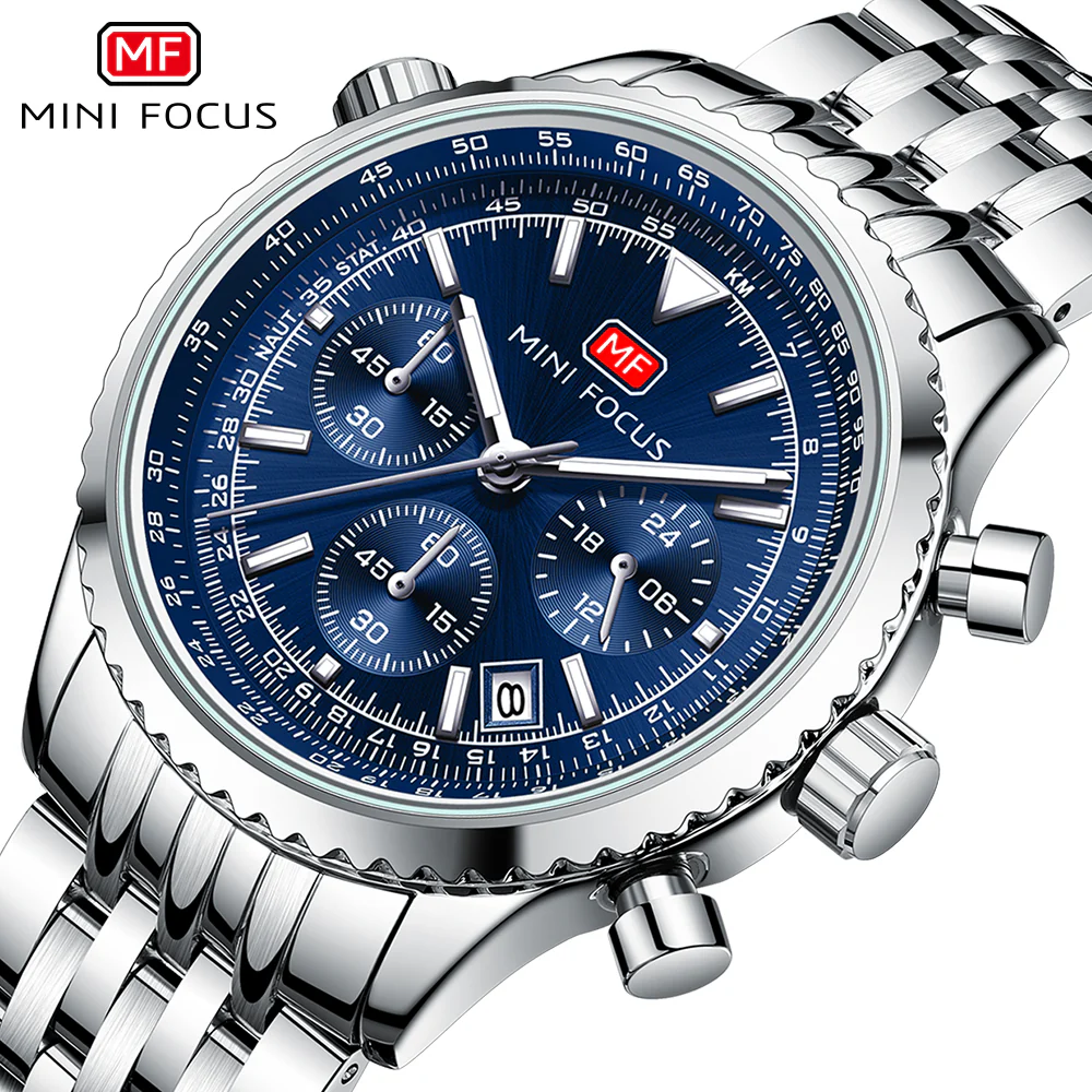 Mini Focus Silver Stainless Steel Blue Dial Chronograh Quartz Watch for Gents - MF0463G-03 - Image 3