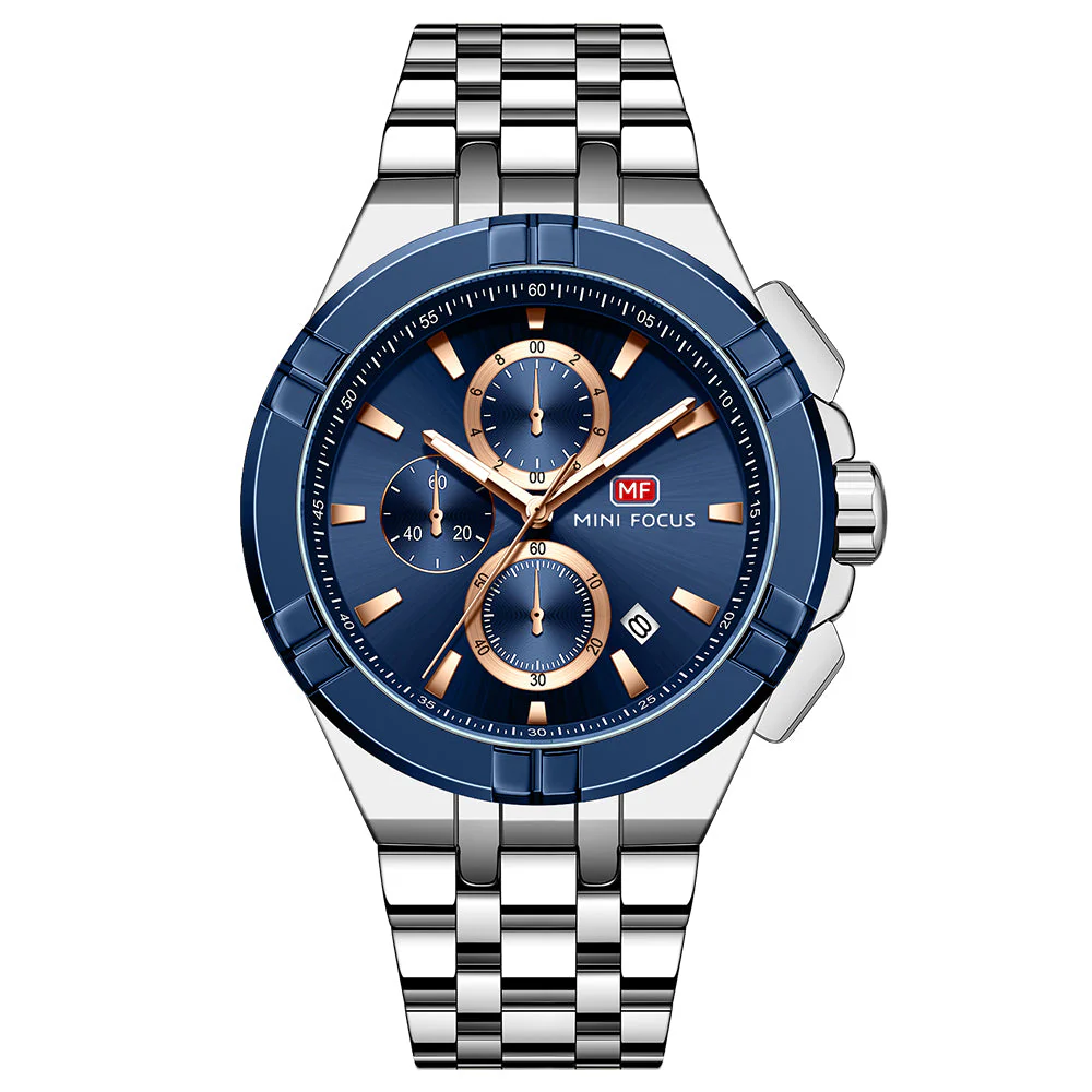 Mini Focus Silver Stainless Steel Blue Dial Chronograh Quartz Watch for Gents - MF0471G-03