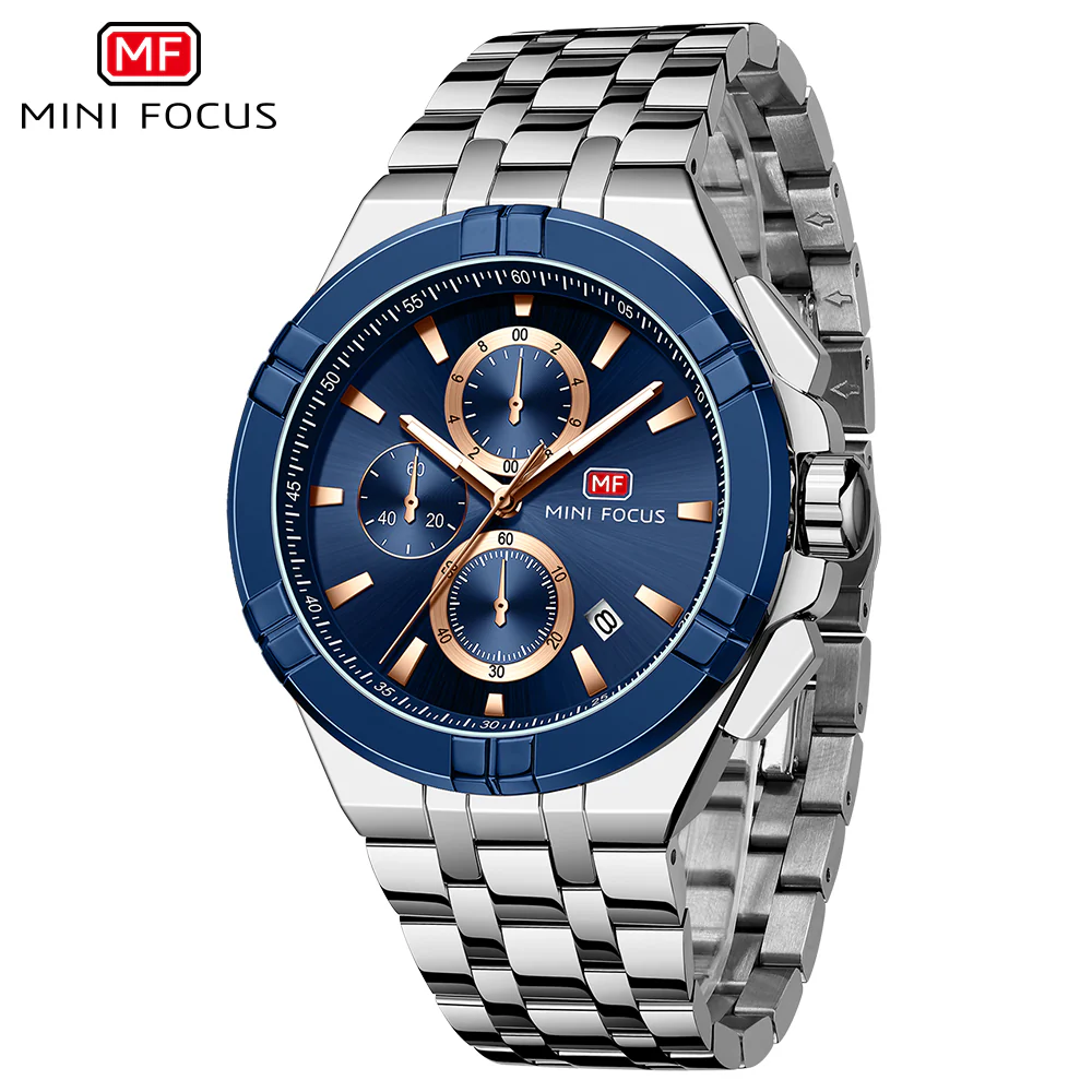Mini Focus Silver Stainless Steel Blue Dial Chronograh Quartz Watch for Gents - MF0471G-03 - Image 2