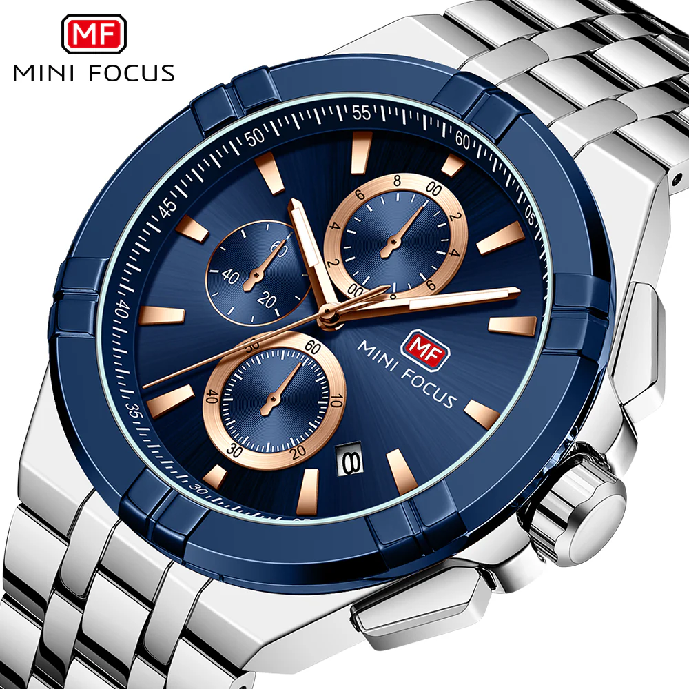 Mini Focus Silver Stainless Steel Blue Dial Chronograh Quartz Watch for Gents - MF0471G-03 - Image 3