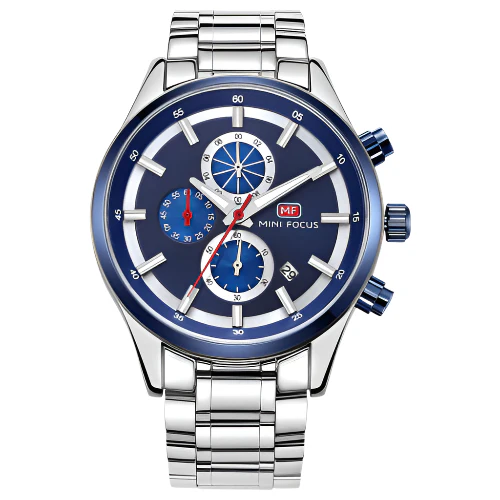 Mini Focus Silver Stainless Steel Blue Dial Chronograph Quartz Watch for Gents - MF0081G-03