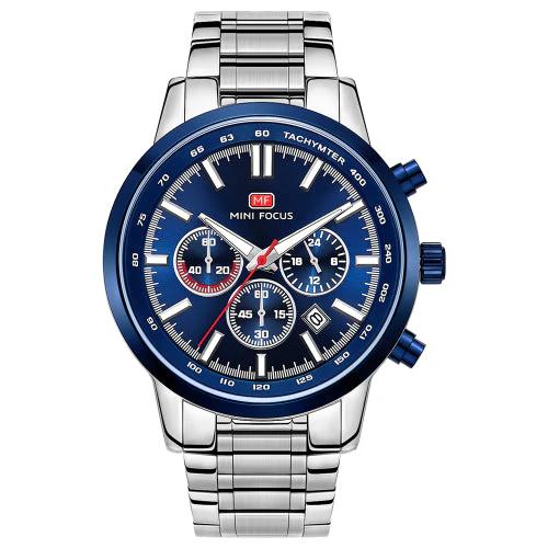 Mini Focus Silver Stainless Steel Blue Dial Chronograph Quartz Watch for Gents - MF0133G-01