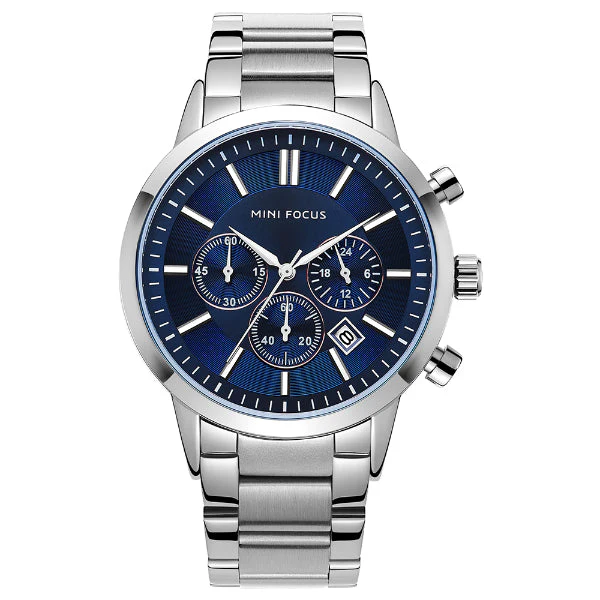Mini Focus Silver Stainless Steel Blue Dial Chronograph Quartz Watch for Gents - MF0188G-02
