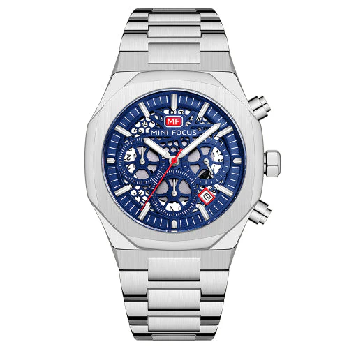 Mini Focus Silver Stainless Steel Blue Dial Chronograph Quartz Watch for Gents - MF0411G-01