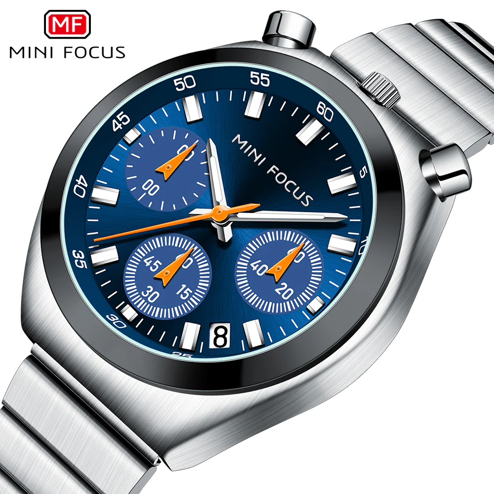 Mini Focus Silver Stainless Steel Blue Dial Chronograph Quartz Watch for Gents - MF0491L-02 - Image 2