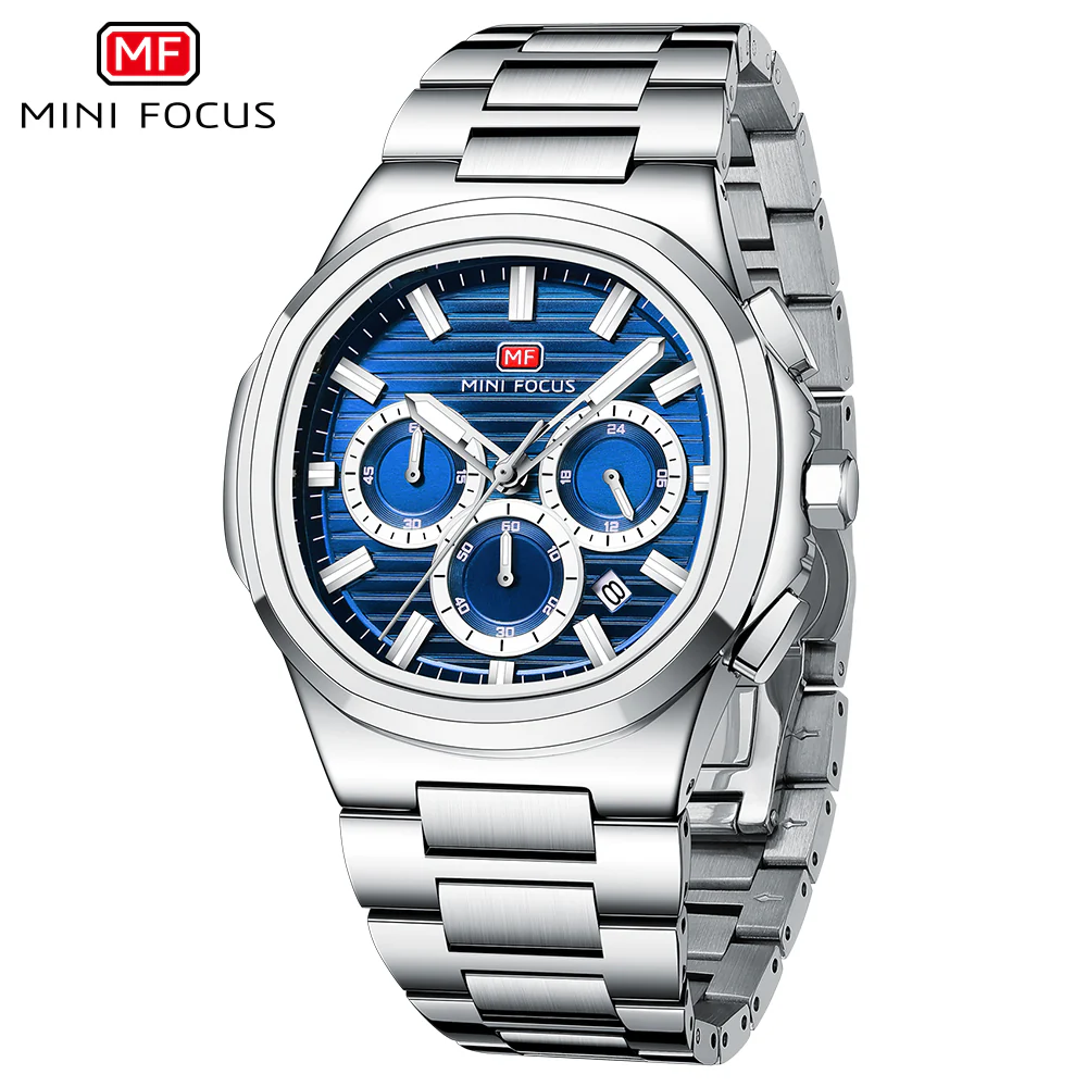 Mini Focus Silver Stainless Steel Blue Dial Chronograph Quartz Watch for Gents - MF0610G-02 - Image 2