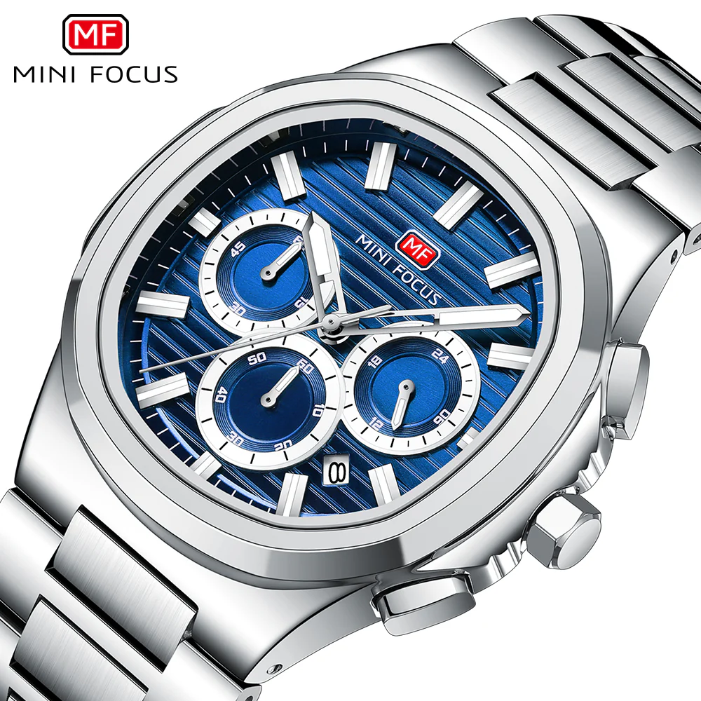 Mini Focus Silver Stainless Steel Blue Dial Chronograph Quartz Watch for Gents - MF0610G-02 - Image 3