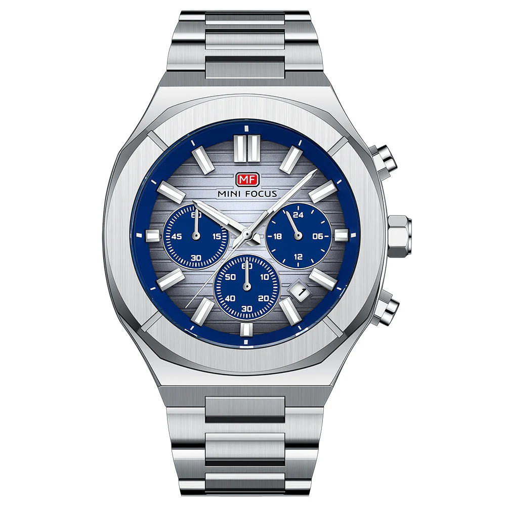 Mini Focus Silver Stainless Steel Blue Dial Chronograph Quartz Watch for Gents - MF0612G-02