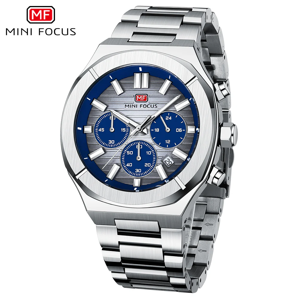 Mini Focus Silver Stainless Steel Blue Dial Chronograph Quartz Watch for Gents - MF0612G-02 - Image 2