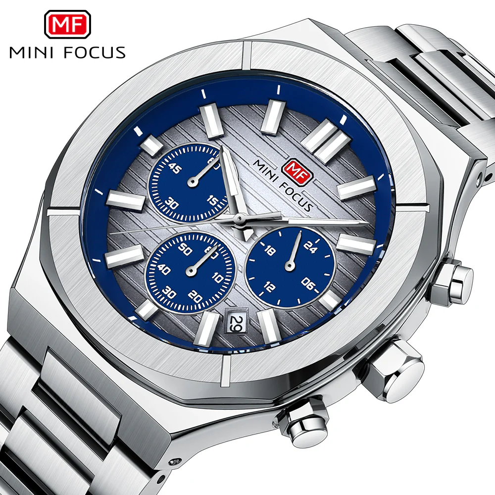 Mini Focus Silver Stainless Steel Blue Dial Chronograph Quartz Watch for Gents - MF0612G-02 - Image 3