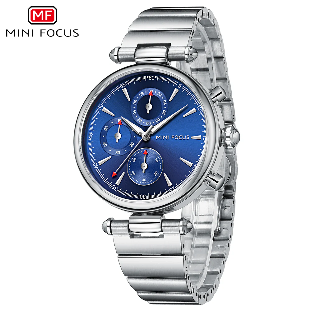 Mini Focus Silver Stainless Steel Blue Dial Chronograph Quartz Watch for Ladies - MF0494L-02 - Image 2