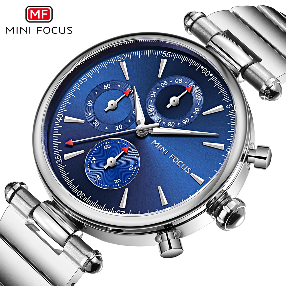 Mini Focus Silver Stainless Steel Blue Dial Chronograph Quartz Watch for Ladies - MF0494L-02 - Image 3
