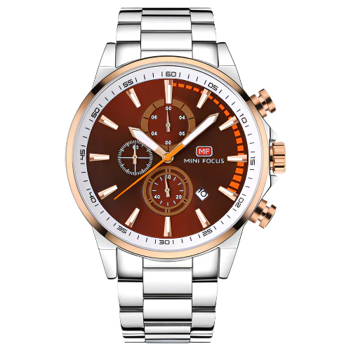 Mini Focus Silver Stainless Steel Brown Dial Chronograph Quartz Watch for Gents - MF0085G-01