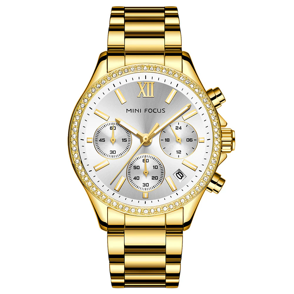 Mini Focus Silver Stainless Steel Gold Dial Chronograph Quartz Watch for Ladies - MF0617L-04