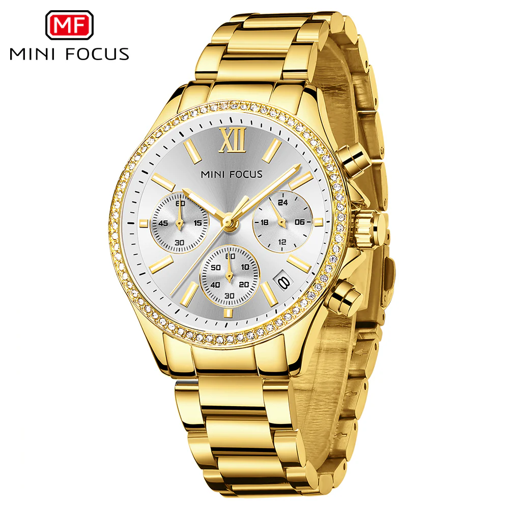 Mini Focus Silver Stainless Steel Gold Dial Chronograph Quartz Watch for Ladies - MF0617L-04 - Image 2