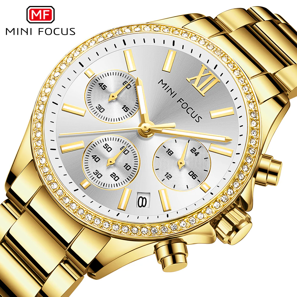 Mini Focus Silver Stainless Steel Gold Dial Chronograph Quartz Watch for Ladies - MF0617L-04 - Image 3