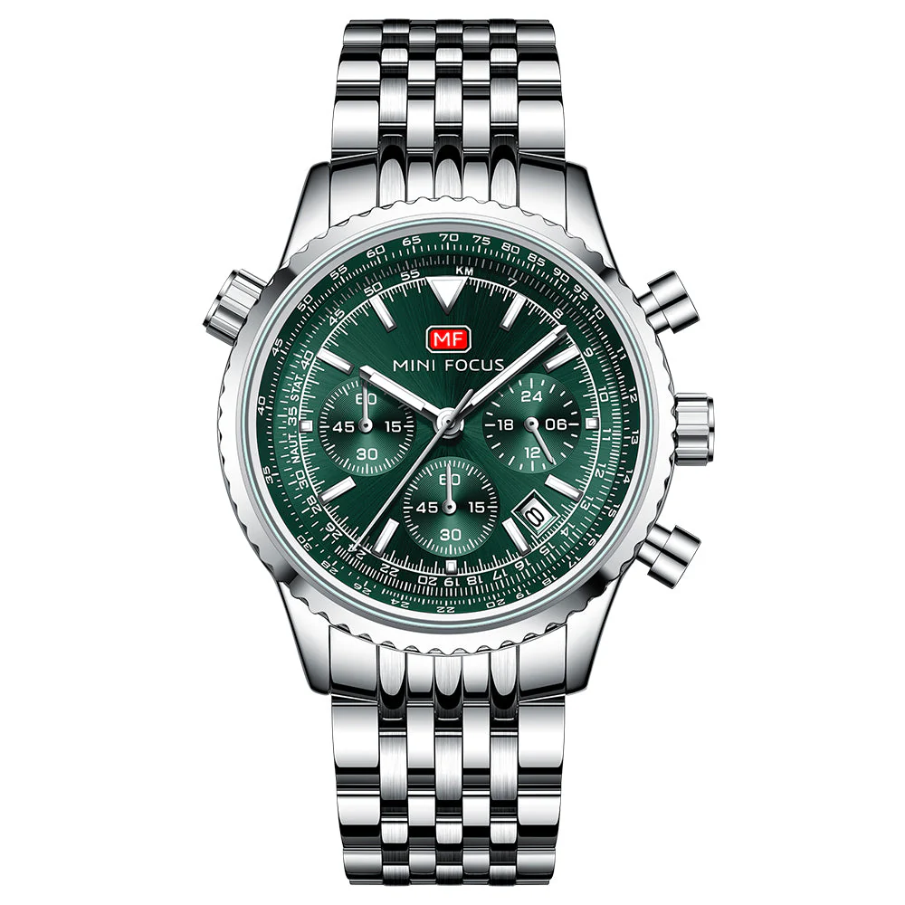 Mini Focus Silver Stainless Steel Green Dial Chronograh Quartz Watch for Gents - MF0463G-02