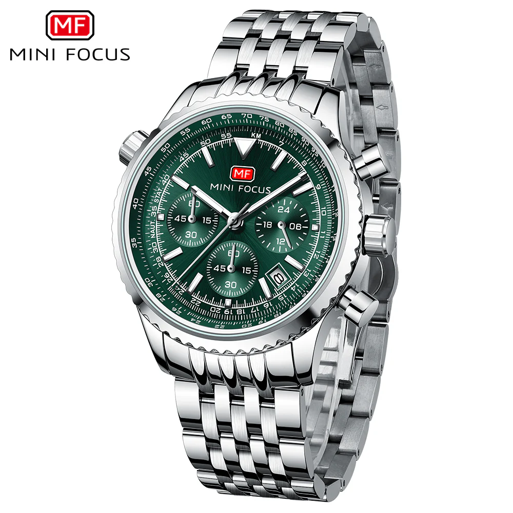 Mini Focus Silver Stainless Steel Green Dial Chronograh Quartz Watch for Gents - MF0463G-02 - Image 2