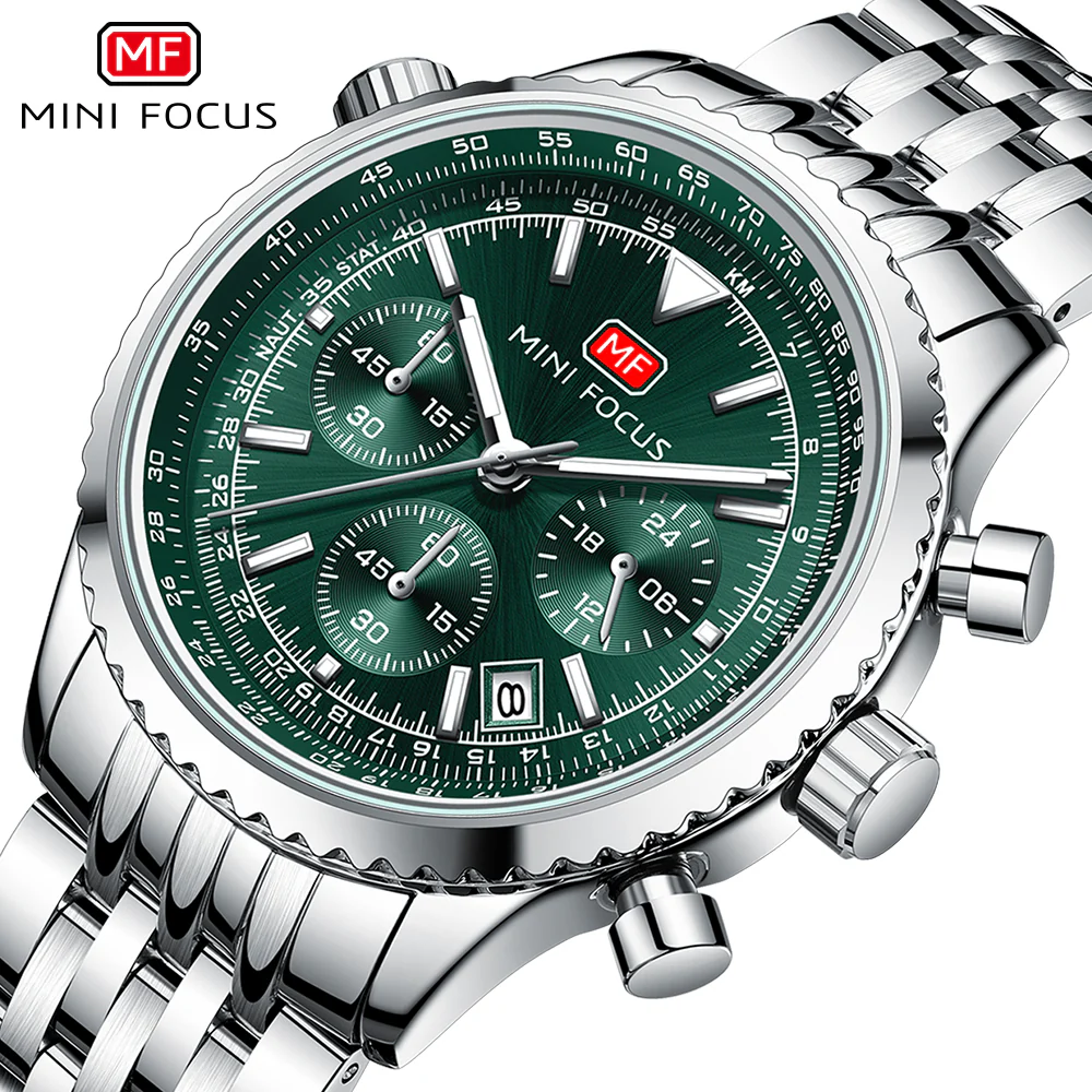 Mini Focus Silver Stainless Steel Green Dial Chronograh Quartz Watch for Gents - MF0463G-02 - Image 3