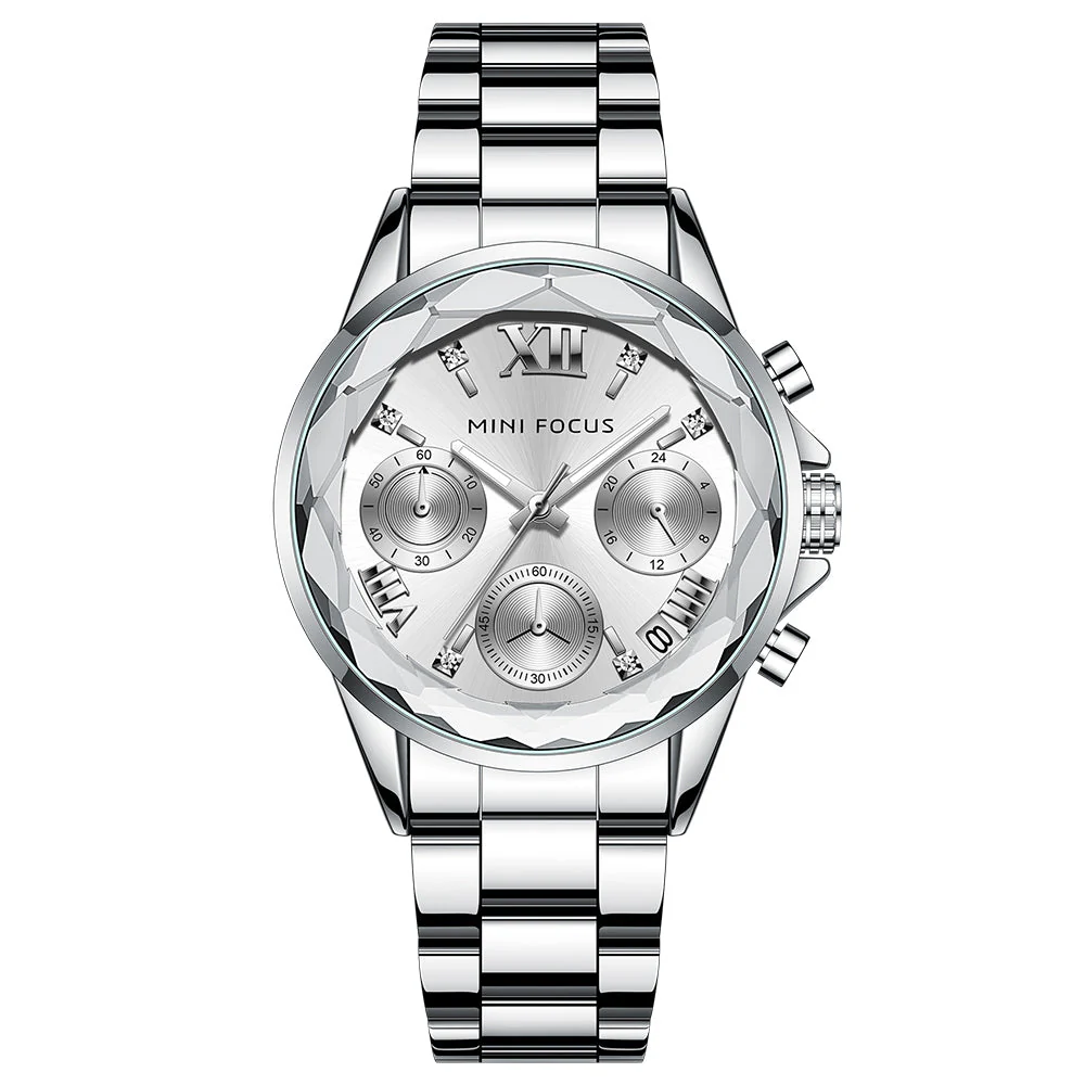 Mini Focus Silver Stainless Steel Green Dial Chronograh Quartz Watch for Ladies - MF0466L-01