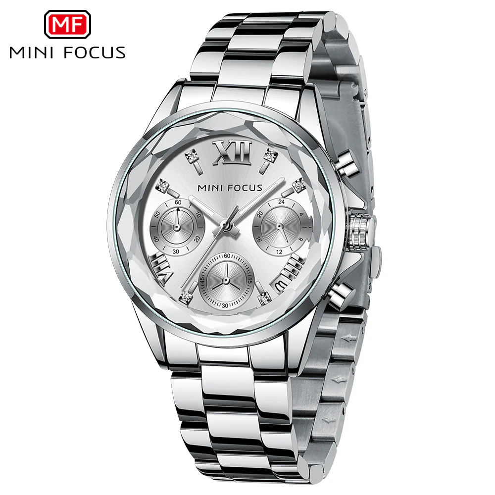 Mini Focus Silver Stainless Steel Green Dial Chronograh Quartz Watch for Ladies - MF0466L-01 - Image 2