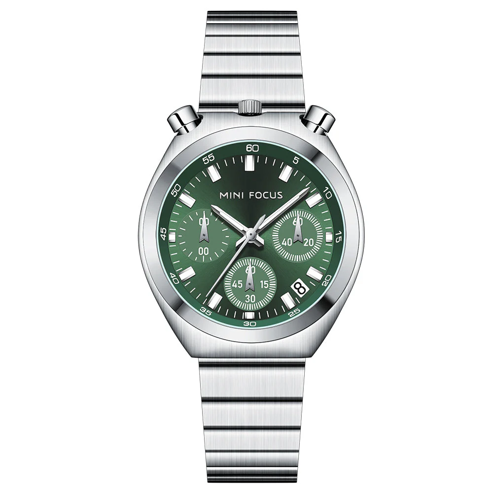 Mini Focus Silver Stainless Steel Green Dial Chronograph Quartz Watch for Gents - MF0491L-03
