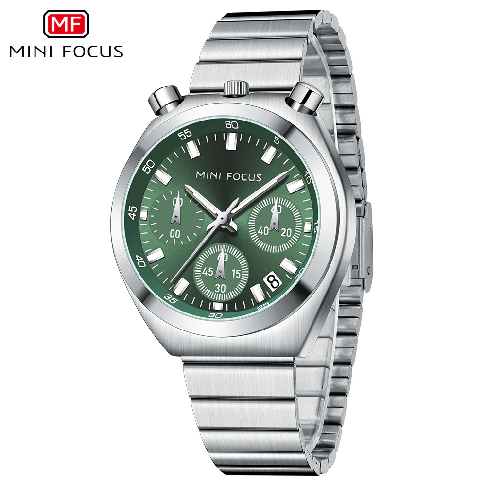 Mini Focus Silver Stainless Steel Green Dial Chronograph Quartz Watch for Gents - MF0491L-03 - Image 2