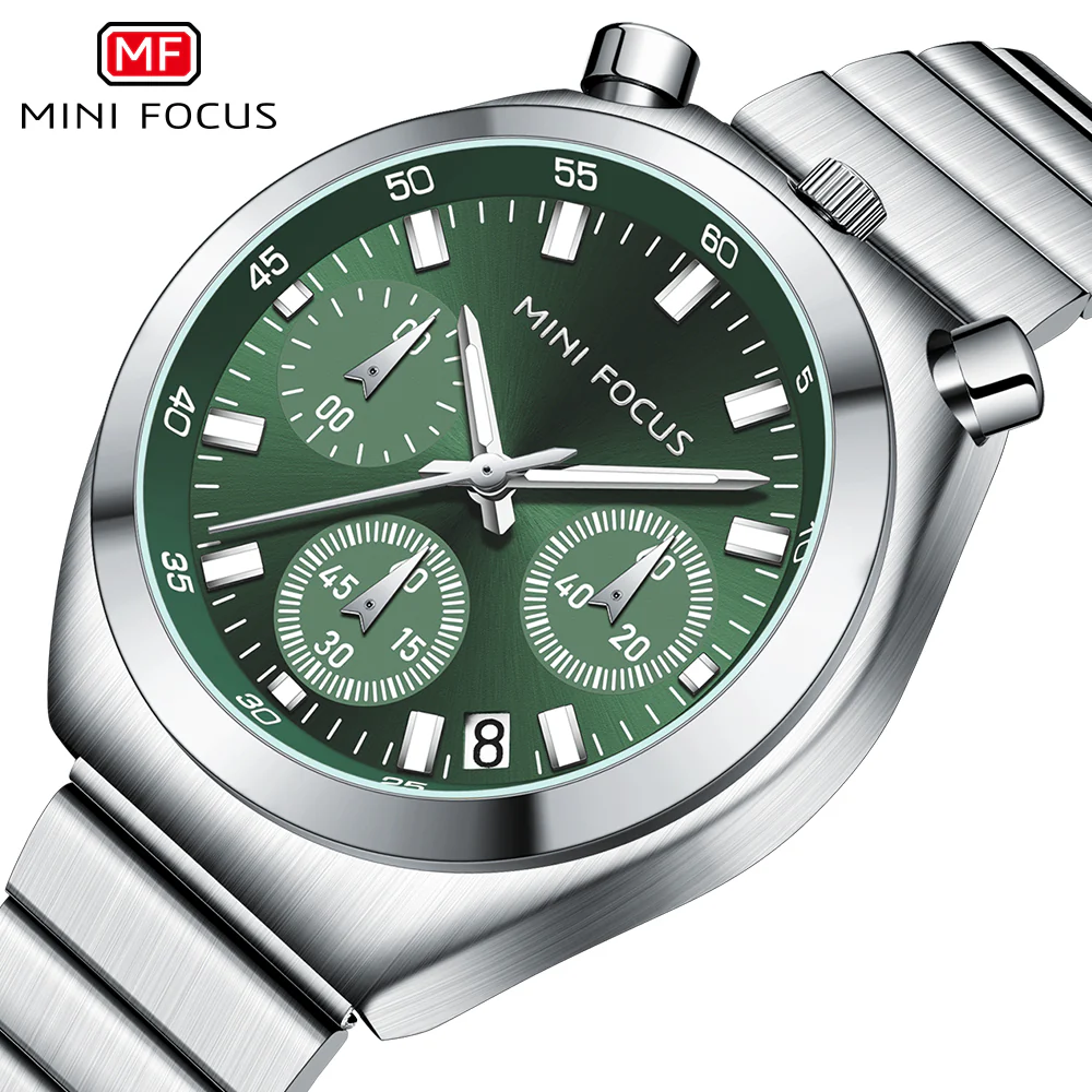 Mini Focus Silver Stainless Steel Green Dial Chronograph Quartz Watch for Gents - MF0491L-03 - Image 3