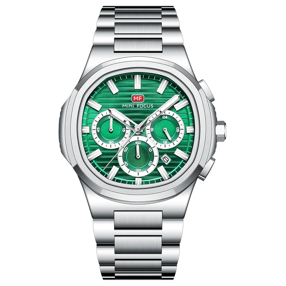 Mini Focus Silver Stainless Steel Green Dial Chronograph Quartz Watch for Gents - MF0610G-03