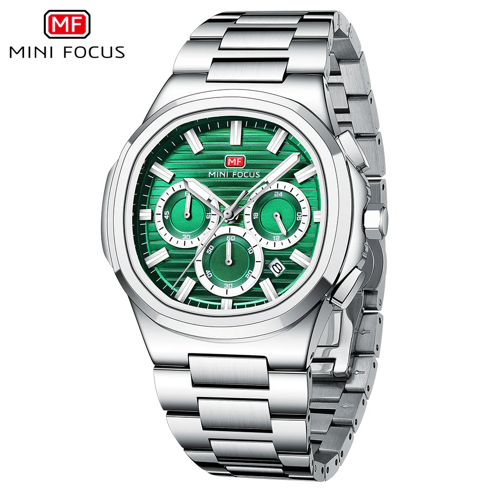 Mini Focus Silver Stainless Steel Green Dial Chronograph Quartz Watch for Gents - MF0610G-03 - Image 2