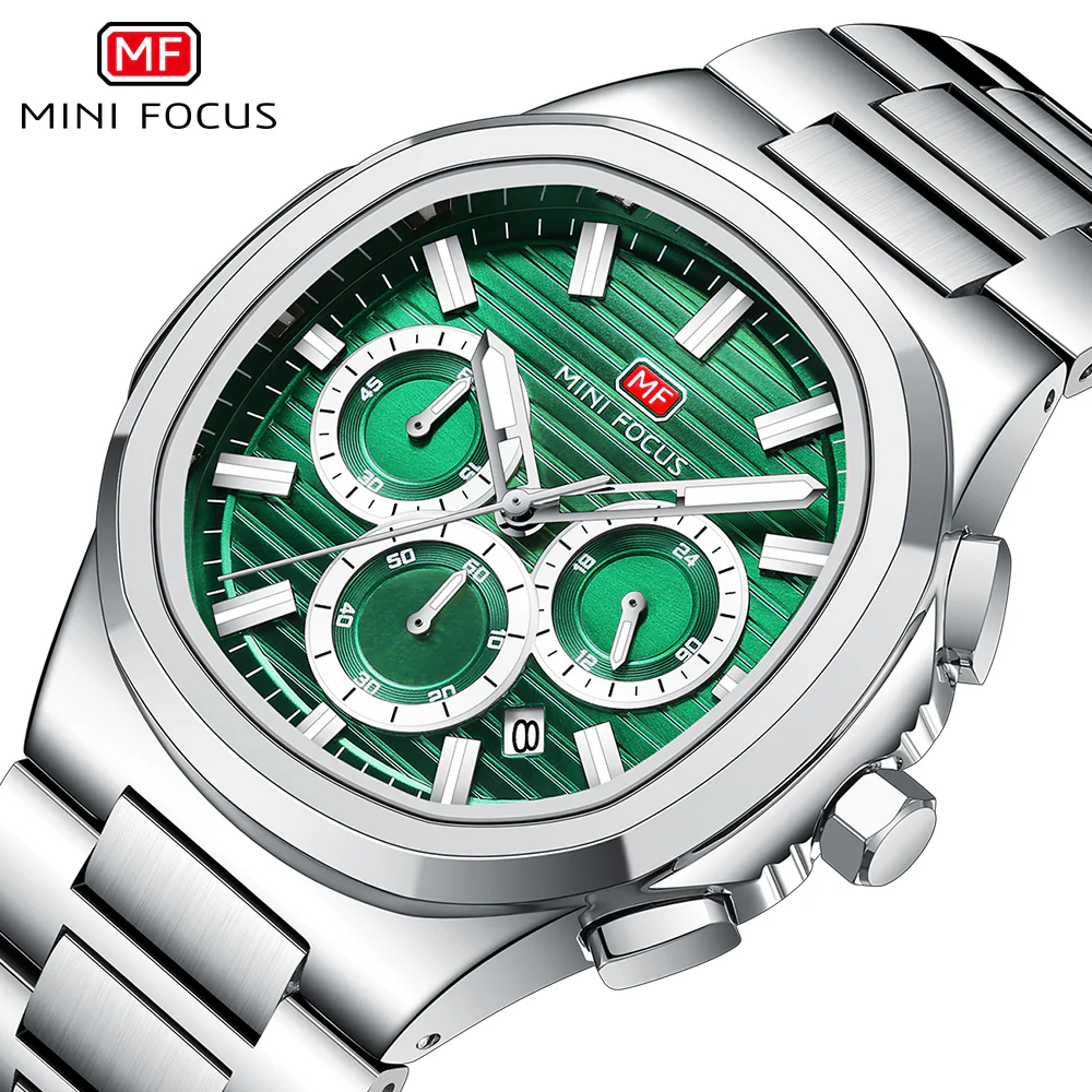 Mini Focus Silver Stainless Steel Green Dial Chronograph Quartz Watch for Gents - MF0610G-03 - Image 3
