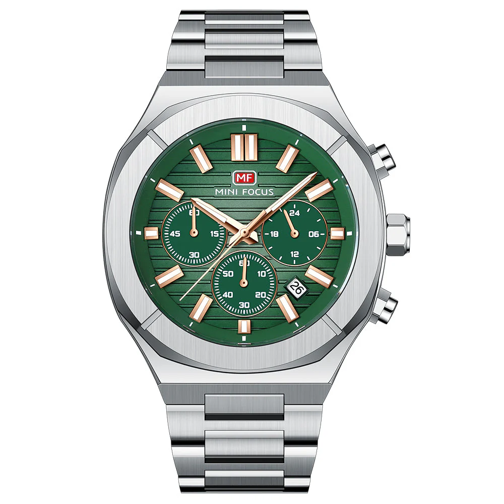 Mini Focus Silver Stainless Steel Green Dial Chronograph Quartz Watch for Gents - MF0612G-03