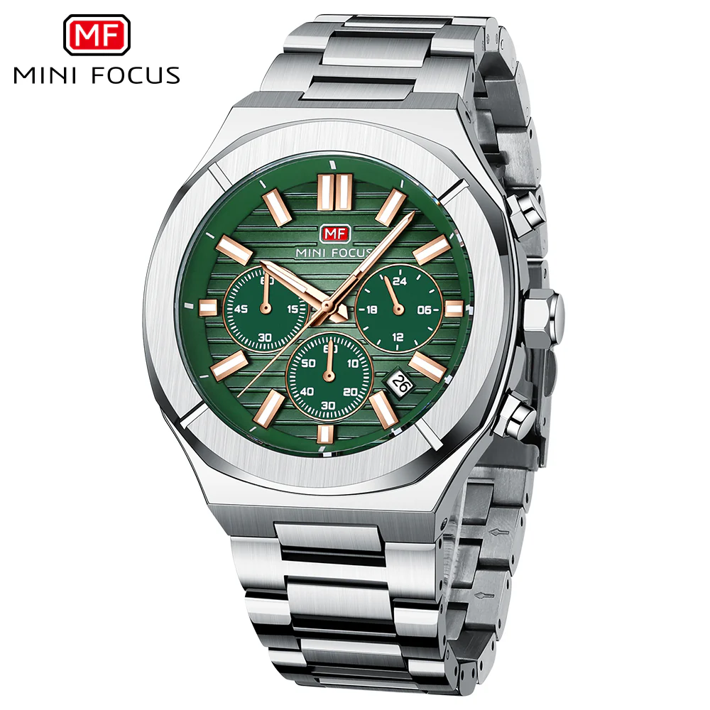 Mini Focus Silver Stainless Steel Green Dial Chronograph Quartz Watch for Gents - MF0612G-03 - Image 2
