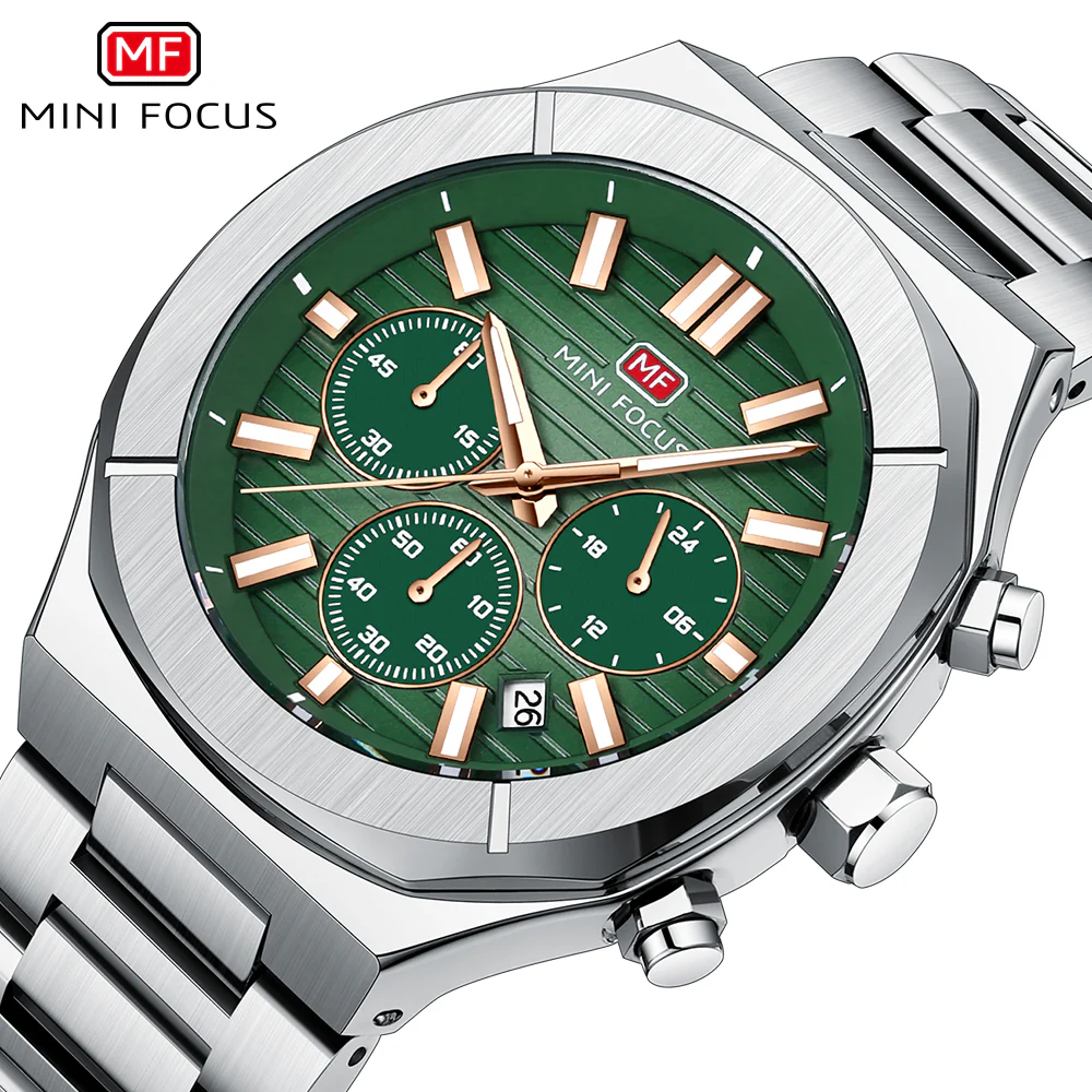 Mini Focus Silver Stainless Steel Green Dial Chronograph Quartz Watch for Gents - MF0612G-03 - Image 3