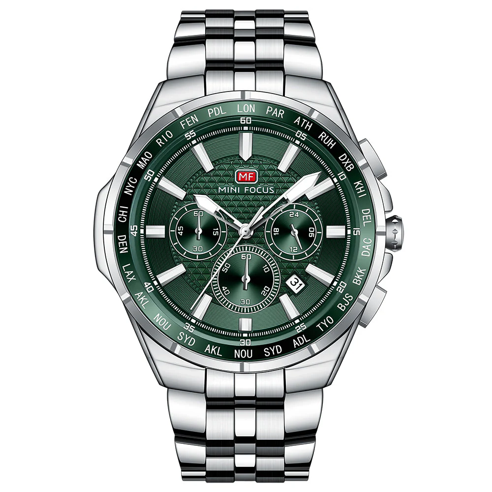 Mini Focus Silver Stainless Steel Green Dial Chronograph Quartz Watch for Gents - MF0613G-02