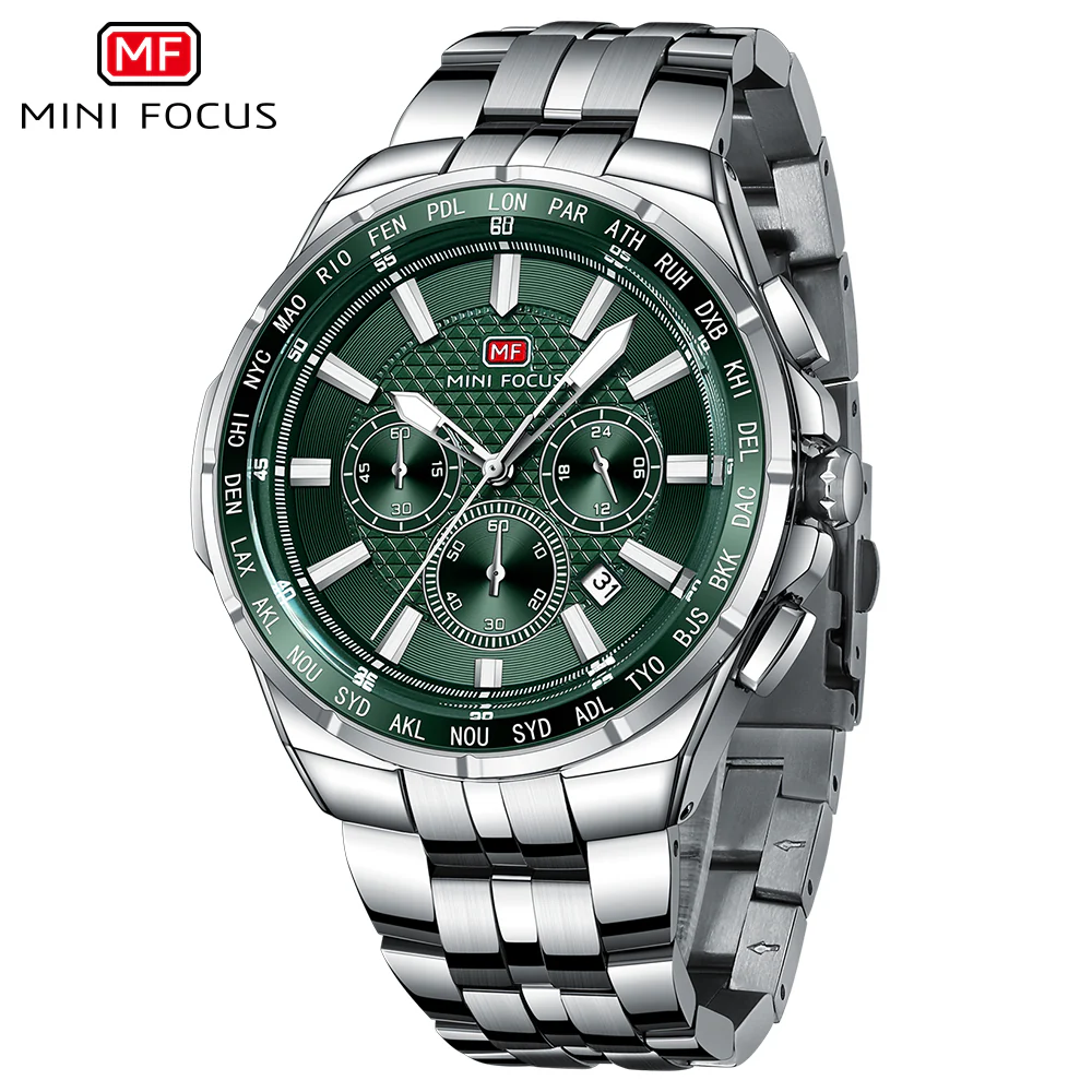 Mini Focus Silver Stainless Steel Green Dial Chronograph Quartz Watch for Gents - MF0613G-02 - Image 2