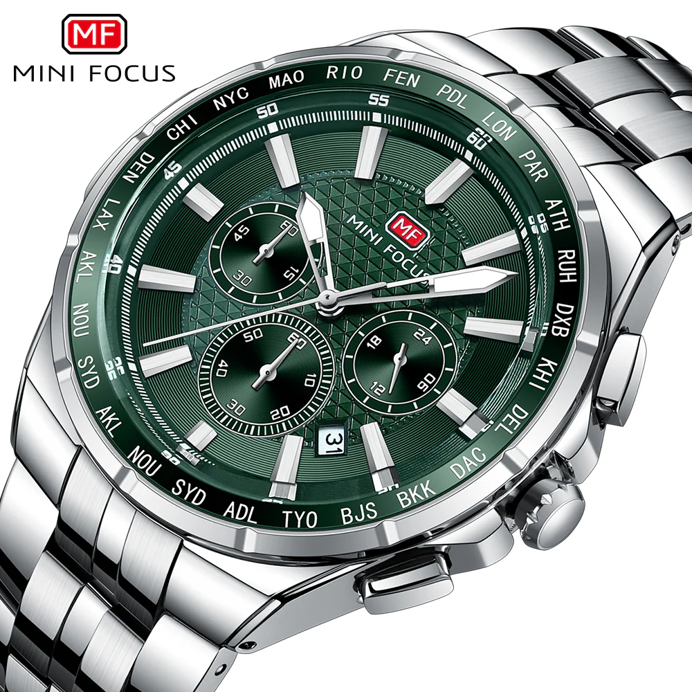 Mini Focus Silver Stainless Steel Green Dial Chronograph Quartz Watch for Gents - MF0613G-02 - Image 3