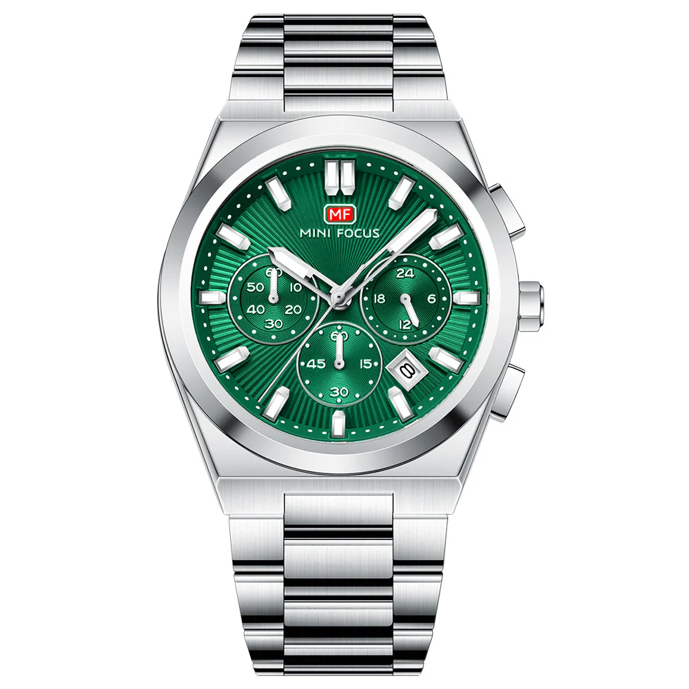 Mini Focus Silver Stainless Steel Green Dial Chronograph Quartz Watch for Gents - MF0614G-02